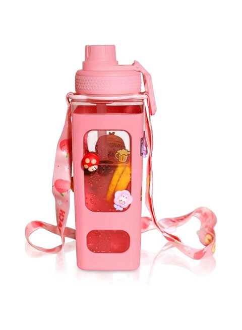 X spring Water Bottle for Girls, 700ml Portable Cute Kids Water Bottles with Straw, Large Capacity Square Drinking Bottle with Adjustable Shoulder Strap, Suitable for School and Travel Use