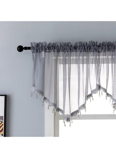 PearAge Sheer Voile Beaded Ascot Rod Pocket Curtain Valance Grey 51x 24 Inches (Grey)
