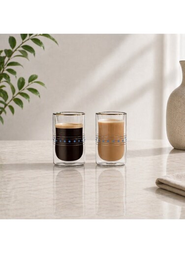 Double Wall Glass Estikana Tumblers Set of 2 Insulated Clear Tea &amp; Coffee Glasses for Hot Drinks, Blue, DG895 (100ML, 2 Piece Set)