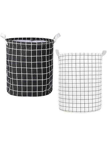 Laundry Basket, 2PCS Waterproof Canvas Fabric Collapsible Laundry Baskets with Handles Dirty Clothes Storage Bin Toy Organizer for Bathroom, Children Bedroom (White &amp; Black Grid)