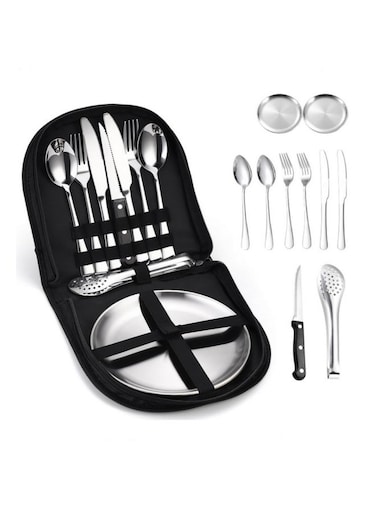 Camping Utensil Set Portable Travel Silverware Flatware with Organizer Case Reusable Stainless Steel Cutlery Kit for Picnic BBQ Outdoor Cooking Dining Tableware Spoon Fork Knife Plates sliver