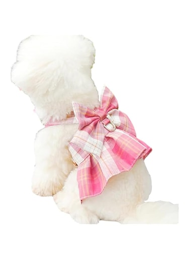 Dog Harness Dress, Plaid Dog Harness Dress with Leash Set, Summer Cute Pet Dog Clothes,Girl Puppy Dresses for Girl Small Dogs, Chihuahua Harness. (Pink, Small)