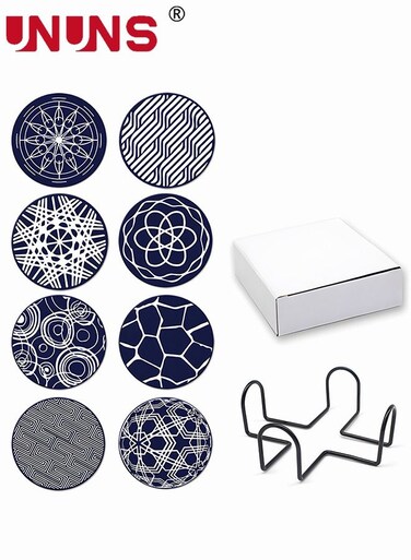 8PCS Coffee Coasters Set for Drinks, 9.8CM Soft Cup Mat with Metal Holder and 8 Classical Geometry Patterns, Drink Coasters Set for Tabletop Protection Home Decor