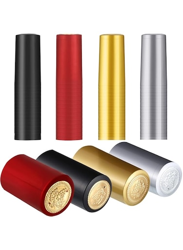 Blulu 200 Pieces PVC Heat Shrink Capsules Wine Shrink Wrap Wine Bottle Capsules Shrink Caps for Wine Cellars and Home Use (Black, Red, Gold, Silver)
