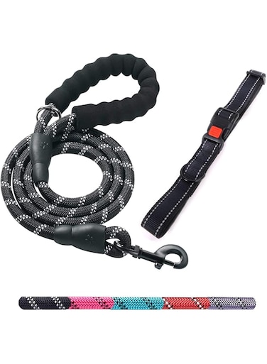 Yuroochii Heavy Duty Dog Leash - Comfortable Padded Handle, 5 ft Long - Dog Leashes for Small Medium Large Dogs (Leash+Collar M Neck 25-40cm, Black)