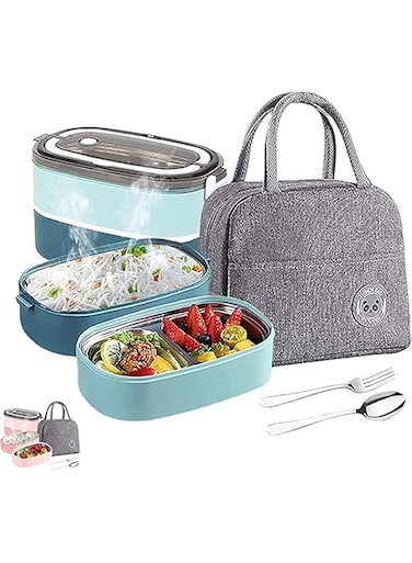AUTOYSUR Lunch Box 304 Stainless Steel Lunch Box with Spoon Thermal Insulation Bento Box 3 Compartments Lunch Box for Adults, Lunch Box with Bag for Office &amp; School BPA Free Bento Box (1400ml-Blue)