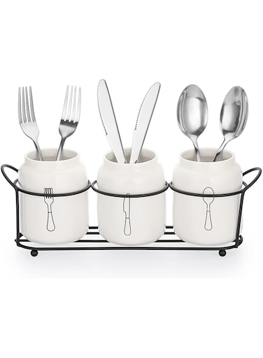 JUXYES 3-Piece Ceramic Silverware Caddy with Metal Rack, White Utensil Holder Flatware Caddy Cutlery Storage Organizer for Kitchen Table, Cutlery Organizer Flatware Caddy for Countertop