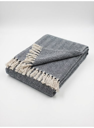 130 x 160 cm 100% Cotton Navy Blue Herringbone Horizontal Throw Blanket For Sofa Couch Bed Cozy Boho Decorative Fringed Bedding
