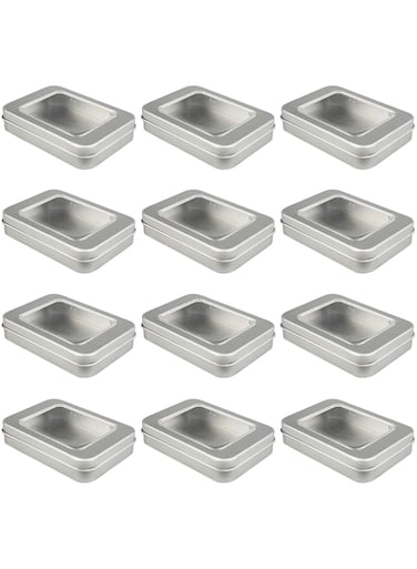 LJY 12 Pack Empty Rectangular Metal Storage Organizer Tins with Clear Window Hinged Lids for Candies, Gifts &amp; Treasures (Silver)