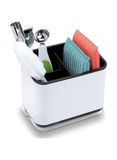 ELECDON Sink Counter Caddy, Sponge Holder with Drain Tray for Kitchen Sink Sponge and Brush Holder, Plastic Dish Scrubber Organizer, Multifunctional Kitchen Tableware Drain Storage Box
