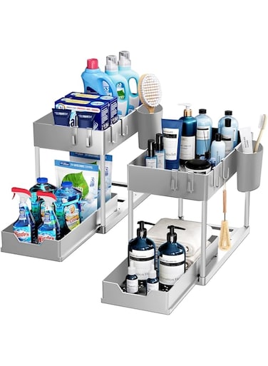 Puricon 2 Pack Under Sink Organizers and Storage Pull Out Sliding Drawer, 2 Tier Multi-Purpose Kitchen Under The Sink Organizer Under Bathroom Sink Shelf Storage Rack for Countertop Laundry -Grey