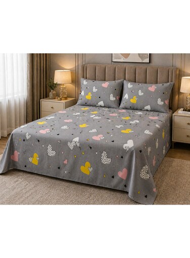 King Size Grey Multi-Heart Print Bedsheet Set 3PCS &acirc;&euro;&ldquo; 125 GSM Soft &amp; Breathable Fabric, Durable &amp; Fade Resistant with 2 Pillow Covers, 220x240 CM