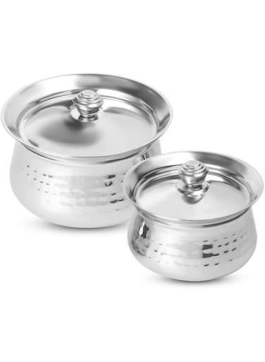 KSJONE Stainless Steel Biryani Handi Set   Premium Steel Hammered Finish Tope, Patila Handi   with Hammered Design, Tableware &amp; Serveware for Home, Kitchen, Hotel &amp; Restaurants (1.5 &amp; 2.5 Liters)
