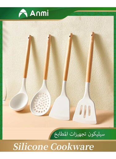 4 Pcs Set of Silicone Cookware, Heat-resistant Silicone Kitchen Utensils, Soup, Spoon, Spatula, Kitchenware Set, Non-Stick,Frying, Kitchen Utensils,White