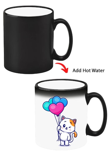 Color Changing Heat Sensitive Ceramic Mug, Image Revealed When HOT Liquid is Added! Cat holding Baloons