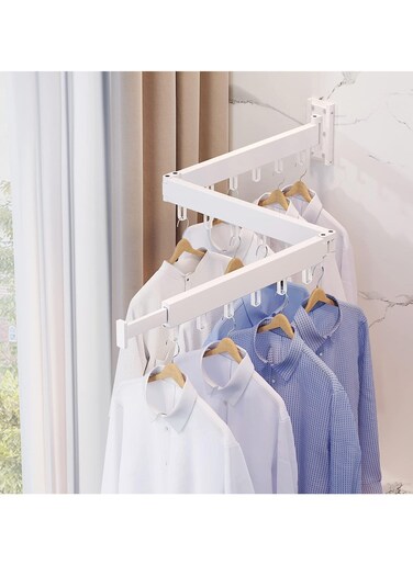 Clothes Drying Rack, Wall Mounted Clothes Rack, Aluminum Alloy Folding Hanging Rack, Three-Fold Space-Saver, Retractable, Strong Load-Bearing, for Balcony, Laundry, Bathroom, Closet (White)