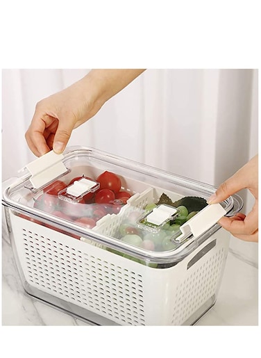 Fridge Organizers and Storage, Medium 3-in-1 Draining Crisper with Strainer for Fruits Vegetables Airtight Vent &amp; Drain Organizer White
