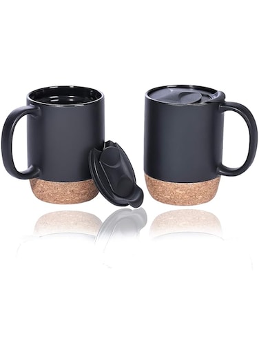 AceElite Coffee Mug Set of 2, 15 OZ Large Coffee Mugs with Handle for Tea, Ceramic Mug with Cork Bottom Splash Proof Lid, Coffee Cups for Women and Men (Black)