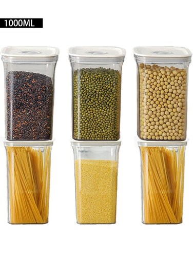 Airtight Food Storage Containers Set of 6 Food Grade Plastic Sealed Storage Tank with Lock Lids Kitchen Pantry Organization Storage Jars Moisture Proof for Candy Coffee Cereal (6PCS 1000ML)