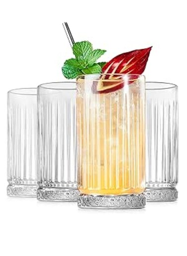 Highball Glasses 14 fl.oz,Set of 4, Lead-free Drinking Glasses with Heavy Base,Premium Collins Tumblers for Water/Juice/ Cocktails/Beverages,Beautiful Striped Look Glassware,Dishwasher Safe