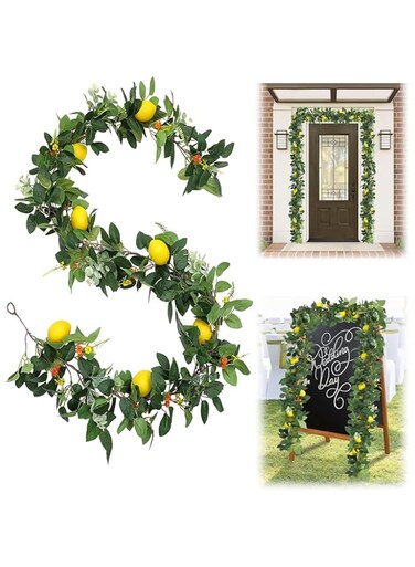 SYOSI 6 Ft Artificial Lemon Garland, Spring Greenery Garland with Lemons and Flowers, Summer Fruit Garland Wreath for Front Door Wall Table Wedding Decor