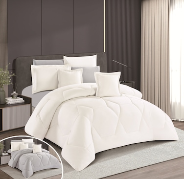 STARGOLD Microfiber Solid Comforter 8 Pieces Set Fitted Sheet, Pillow Sham, Pillow Case, Cushion Comforter 260X240 CM King Size Mattress, SG-CS2004-SOLID95 BEIGE GREY