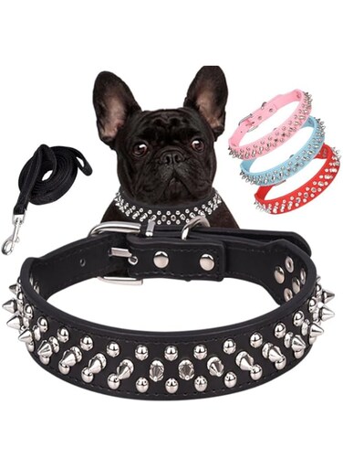 Spiked Dog Collar, Durable PU Leather Studded Dog Collar with Leash, Funny Mushrooms Rivet Small Puppy Dog Collars, Pet Cat Adjustable Collar (Black, L)