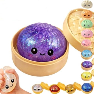 Glitter Dumpling Squishy Mystery Box，Colorful Stress Relief Balls，Stuffers With Food Steamer Stretchy Desk Gifts ﻿(Color1)