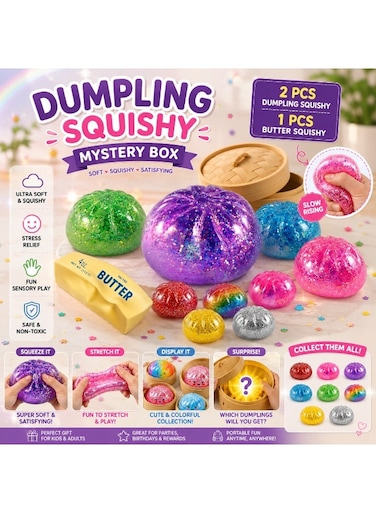 Dumpling Squishy Mystery Box Set with Butter Squishy, 2 PCS Glitter Dumpling Squishies + 1 PCS Butter Squishy, Slow Rising Stress Relief Fidget Toy, Sensory Squeeze Toy for Kids &amp; Adults, Random Surprise Colors
