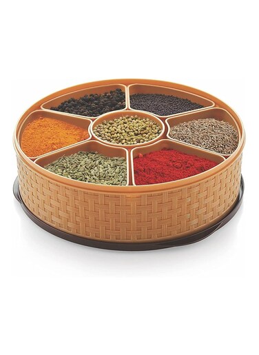 Nebula Spice Box with Spoon &ndash; 23cm Diameter, 7cm Height 7 Dividers for Spices, Masalas, and Dry Ingredients Airtight Lid