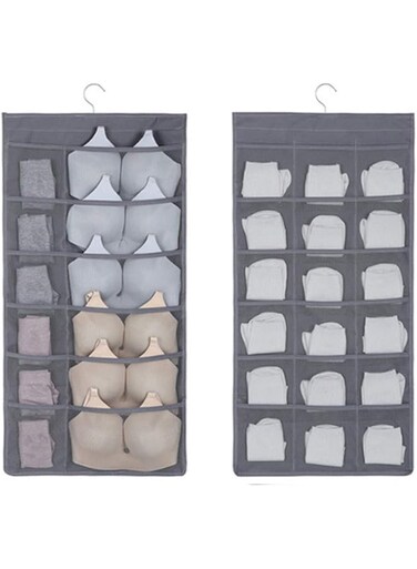 Jinara Closet Hanging Organizer with Mesh Pockets &amp; Rotating Metal Hanger,Dual Sided Wall Shelf Wardrobe Storage Bags,Space Saver Bag for Bra Underwear Underpants Socks (Style12+18 Pocket, Grey)