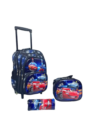 Kids School Trolley Backpack Set, 3 Pieces, 18 Inch Rolling Bag with Lunch Box and Pencil Case (Black Blue Car Theme, 18 Inch)