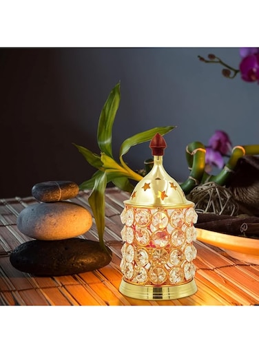 Divine Sansar Crystal Adorned Brass Akhand Diya with Glass Cover   Long-Burning Deep Jyot   Akhand Deepk for Puja, Home Decor, and Meditation (10cmX6cm)
