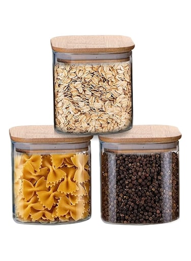 AKDC Set of 3 Square Glass Jar with Bamboo Lid, Kitchen Food Storage Containers Airtight Lids Cereals Canisters Jars for Pasta Spaghetti Tea Coffee Beans Candy Cookies Snacks (Small - 800ML)