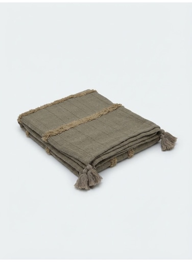 130 x 160 cm Premium Cotton Throw Blanket Mocha Brown with Boho Tassels and Tufted Stripes for Sofa Bed Decor and Travel