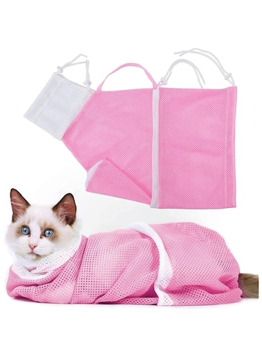 SKEIDO Cat Shower Net Bag Cat Grooming Bathing Bag Adjustable Cat Washing Bag Multifunctional Cat Restraint Bag Prevent Biting Scratching for Bathing, Nail Trimming, Ears Clean, Keeping Calm (Pink)