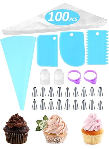 Pcs Professional Piping Bags and Tips Set,100 Pocket Bags &amp; 18 Mugs Stainless Steel Pocket Bags &amp; 1 EVA Pastry Bag, etc.,Cake Decoration Piping Tips,Cake Piping Kit
