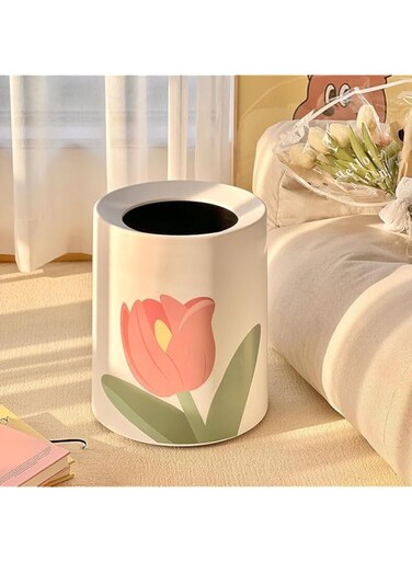 BIOPLJ Simple Clean Modern Style Tulips Wastebasket with 20 garbage bags, Large Open Top Trash Bin, White Garbage Can with Removable Plastic Bin, Decorative Trash Can for Home (orbicular)