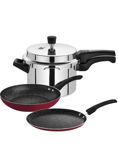 5 Liter Aluminium Outer Lid Pressure Cooker With Fry Pan &amp; Crepe Pan Set