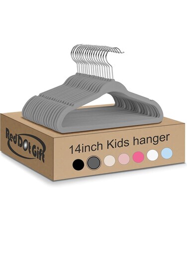 50-Pack Grey Velvet Kids Hangers - (35cm / 14 Inch) Premium Childrens Hangers for Closet, Ultra-Thin Cute Hangers Kids Clothes Hanger, Small Hangers for Kids Clothes