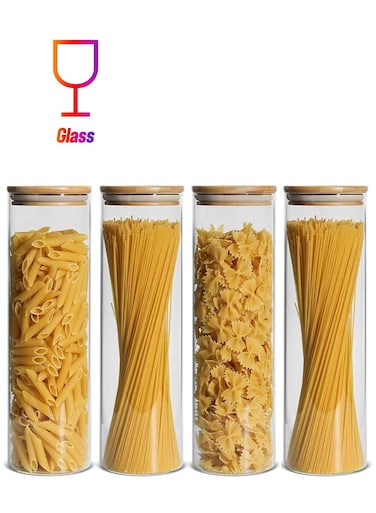 Set of 4- 2200ML Borosilicate Glass Storage Jar With Lid For Spaghetti, Pasta, Noodles, Coffee, Tea, Sugar etc