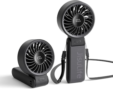 JISULIFE Handheld Fan Life7,2024 Powerful Portable Fan with LED Display,3600mAh,150&deg;Folded,5 Speeds,Lanyard[13Hrs Max Cooling]3-IN-1 Hand/Desk/Neck Fan,Travel Essentials Gifts for Women,Men(Black)