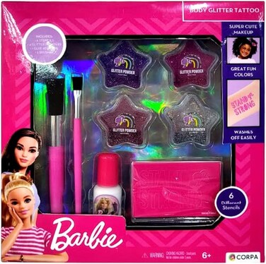 Barbie Body Glitter Tattoo Kit Includes 4 Glitter Powders, 1 Glue, 6 Stencils, 2 Brushes &ndash; Safe, Fun Temporary Body Art For Girls&rsquo; Parties &amp; Play Perfect For Kids Ages 6+