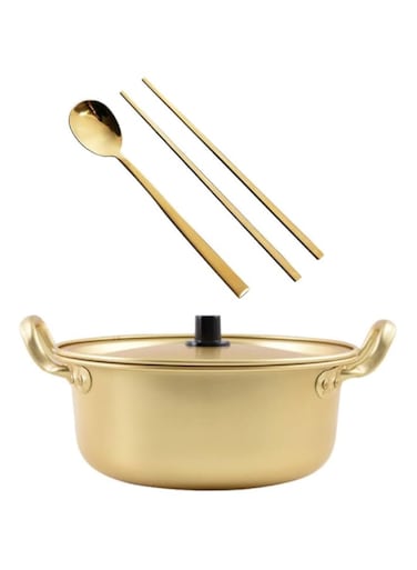BESTonZON Korean Ramen Soup Cooking Pot: 1 Set Fast Heating Instant Noodle with Lid Spoon and Chopsticks Aluminum Stockpot Shabu Shabu Hot Pot Kitchen Cookware 20X18X8CM- Golden