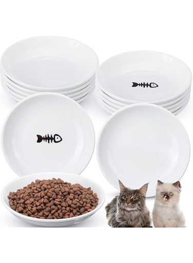 YHRY 5 Pcs Ceramic Cat Bowls, Wide Shallow Ceramic Cat Dish, Cute Cat Food Plate, for Food Feeding, Reduced Whisker Fatigue, Fish Bone Pattern, for Kittens, Puppies, Bunnies, Hamsters, 6 Inch