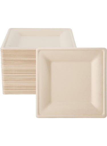 Pack Compostable Square Plates, 6 inch Disposable Paper Plates, Eco-friendly Heavy Duty Biodegradable Sugarcane Plates