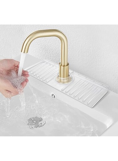 YATOISUR Sink Splash Guard with Slope for Self Draining - Sink Faucet Mat &amp; Soap Dish &amp; Sponge Holder 3 in 1 - Silicone Faucet Handle Drip Catcher Tray for Kitchen Bathroom RV &amp; Bar Faucet, Clear