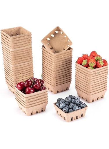 Tazweeq 60Pcs Pulp Fiber Berry Basket, Molded Containers Vented for Fruit, Small Produce Basket Containers, Fruit Tray Pulp Box