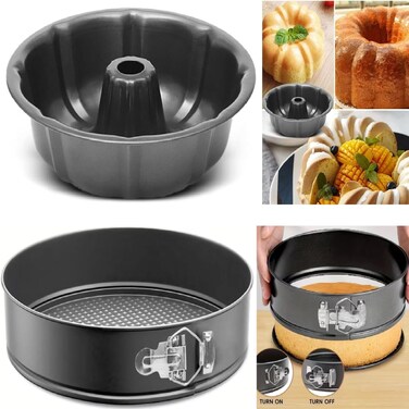2PCS Nonstick Cake Pan Set &ndash; Fluted Ring Cake Mold &amp; Springform Pan (Leakproof, Removable Bottom)   Carbon Steel Bakeware for Cheesecake, Baking, Oven Safe, Easy Release