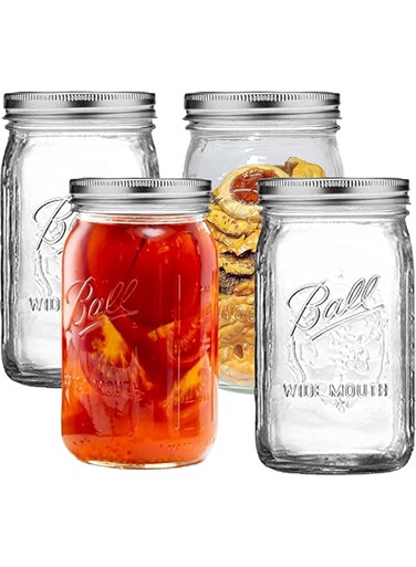 Premify 4pcs 32oz Glass Mason Jars with Airtight Lids &ndash; Large Wide Mouth Canning Jars For Food Storage, Pickling, Fermenting, and Preserving -Clear Glass Containers for Kitchen Organization
